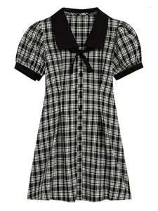 Vestidos de festa francês elegância checkerboard xadrez vestidos finos turn down colarinho arco a linha escritório senhora verão roupas casuais streetwear 2024