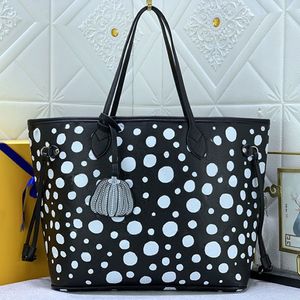 Stor tote shopping väska kvinnor axelväskor äkta läder vit polka dot mönster mode bokstäver interiör zip ficka silver har289u