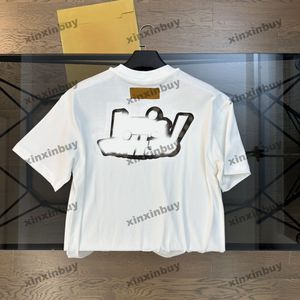 Xinxinbuy Men Designer Tee Tシャツ2024レザーレター刺繍生地ラペル半袖コットン女性グレーブラックホワイトカーキS-3xl