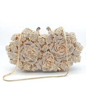 Kvällspåsar Dazzling Women Gold Rose Flower Hollow Out Crystal Metal Clutches Small Handbag Purse Wedding Clutch Bag Diamond238y