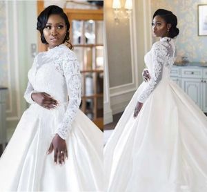 Afrikanische langärmlige, hochgeschlossene muslimische Brautkleider in Übergröße, Spitzenapplikationen, Satin, A-Linie, Hochzeitsperlen, Brautkleider