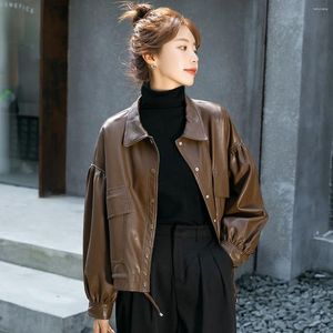 Women's Leather Short Jacket Women Autumn Winter Korean Style Long Sleeve Button Up Top Ladies Brown Loose PU Coat Streetwear