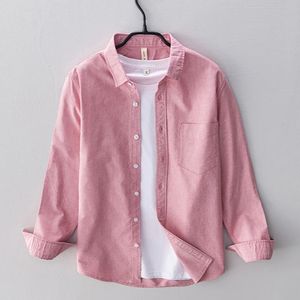 Spring Pink Shirts For Men Casual Slim Fit 100% Cotton Oxford Long Sleeve Shirt Mens Vintage Clothes 240220