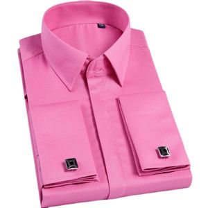 Quality Pink Men French Cufflinks Shirt Mens Long Sleeve Casual Male Brand Shirts Slim Fit Cuff Dress 240219