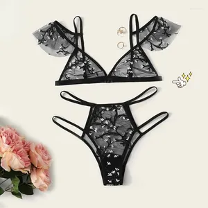 Bras Sets Sexy Lingerie Set Lace Bra And Panty Embroideried Brassiere Thong Underpants Women's Underwear Transparent Erotic Brief