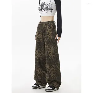 Calças de brim femininas leopardo impressão streetwear perna larga calças coreano versiony2k vintage em linha reta casual chique calças harajuku americano