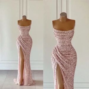 Gold Pink Rose Sequins Sukienki Prom Seksowne syrenki bez ramiączek podzielone High Evening African Girls Formal Party Ocn Suknie