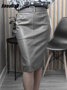 التنانير skorts seoulish أنيقة بو الجلود الالتفاف midi مع Bulted 2023 New Women High Weist Gread Pencil Split Autumn Winter YQ240223