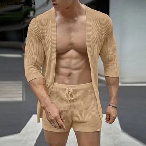 Conjuntos masculinos de cor sólida streetwear verão meia manga cardigan cordão shorts duas peças ternos casuais masculinos incerun 240220