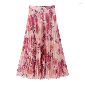 Skirts YENKYE 2024 Floral Print Pleated Skirt Women Vintage High Waist Side Zipper Long Holiday Falda Larga