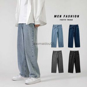 Men's Jeans Korean Fashion Mens Baggy Jeans Classic All-match Solid Color Straight-leg Denim Wide-leg Pants Male Light Blue Grey BlackL2465