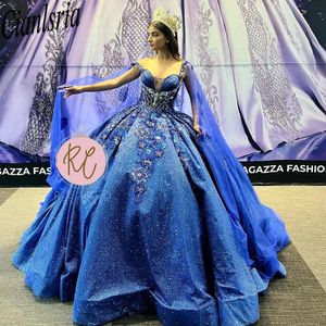 Royal Blue Glitter Crystal Sequined Flowers Ball Gown Quinceanera Dresses With Cape Beading Sweet Birthday Vestidos De 15 Anos