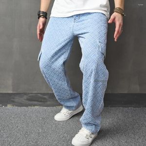 Herr jeans män streetwear lossa flera fickor snickare byxor manlig stilig motorcykel casual rak denim byxor