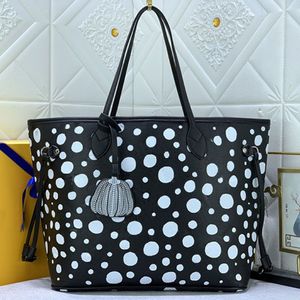 Stor tote shopping väska kvinnor axelväskor äkta läder vit polka dot mönster mode bokstäver interiör zip ficka silver har243n