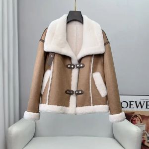 Pele 2023 novas mulheres menina ovelha shearling quente turn down collar casacos curtos senhora jaqueta de lã de cordeiro casaco de inverno parka natural f09