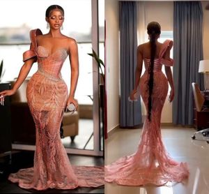 Stunning African Arabic Pink Evening Dresses With Ruffles Sweetheart Mermaid Beads Sequined Long Prom Gowns Formal Ocn Vestidos Bc14937