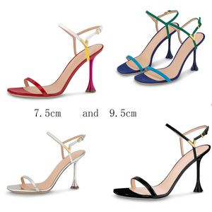 7,5/9,5 cm Blüten-Sandale für Damen, Designer-Schuhe, blumenförmiger Absatz, Abendessen-Schuhe, Slide-Sandalen von berühmten Marken aus Kalbsleder, goldfarben, schmale Band-Kleiderschuhe für Mädchen