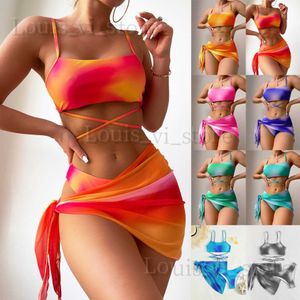 Swimwear femminile 2024 cravatta tintura tintura di costumi da bagno in bikini da donna a tre pezzi Mesh Skirt Spalato Bikini Swimsuit T240222