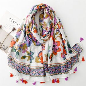 Sciarpa in cotone e lino, moderna e creativa, con pittura ad acquerello, fiore e nappa, sciarpa scialle
