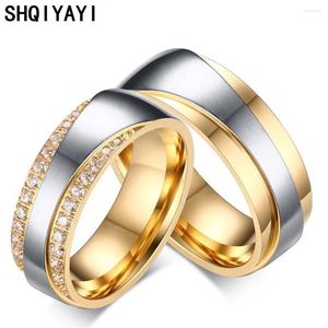 Com pedras laterais shqiyayi anéis de casal amantes de aço inoxidável, alianças de casamento, noivado, festa de aniversário, joias, acessórios para presentes 065