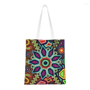 Shopping Bags Cute Printed Huichol Plaid Mexico Art Tote Recycling Canvas Shopper Shoulder Handbag