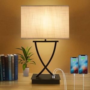 3-Way Dimmable Touch Control Table Lamp with Type C/USB Charging Port and 1 AC Outlet White Linen Shade 21.38" Bedside Nightstand Lamp for Bedroom Living Room Office