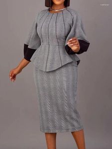 Vestidos de trabalho plus size dois conjuntos de 2 peças feminino xadrez impressão o pescoço manga longa blusa e saias lápis elegante senhora do escritório roupas terno