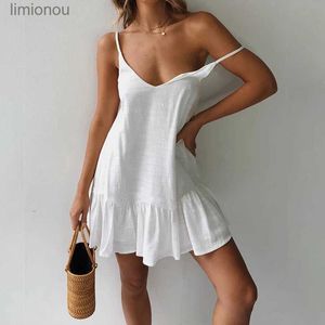 Urban Sexy Dresses Dress 2023 Spaghetti Strap Dresses Off Shoulder Women Summer White Shift Dress Ruffle Sexy Sundress Mini Cotton Linen Vestidos 240223