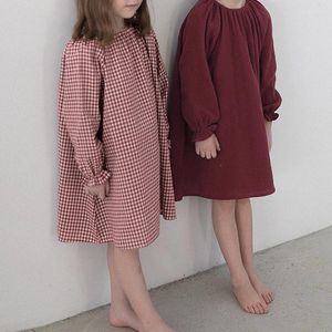 Girl Dresses 2024 Spring Cotton Red Plaid Dress For Girls Cute Double Gauze Long-Sleeved Nightgown Baby Loose Homewear