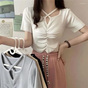 Mulheres camisetas Coreano Manga Curta T-shirt Mulheres Cruz Irregular Plissado Slim Sexy Cropped Top