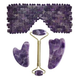 Verktyg Natural Amethyst Jade Eye Mask Face Roller Gua Sha Stone Board Gouache Scraper Sleep Eye Curtain Massage Relaxation Beauty Set