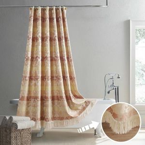 Duschvorhänge Contessa Goldgarn gefärbter gelber Damast-Polyester-Jacquard-Stoff, wasserfest, handgefertigt, Quastenfransen, Boho-Bauernhaus-Vorhang