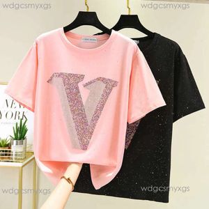 Camisa de algodão Louiseities Viutonities Camiseta Mulheres Manga Curta Brilhante Diamante Verão Tops Moda T-shirt Mulher Roupas Camiseta Camisa Femme 210604