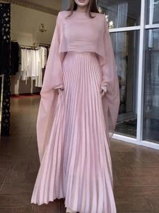 Casual Kleider Yeezzi 2024 Frauen Mode Rosa Einfarbig A-linie Plissee Kleid Frühling Sommer Lange Ärmel Elegante Party Abend