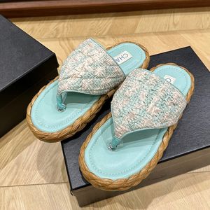 Fabric Mixed Color Beach Flip Flops Summer Shoes For Women Straw Platform Vacation Flat Slippers Casual Shoes Female