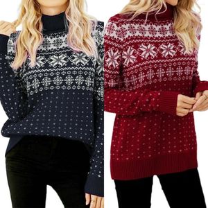 Suéteres femininos Estilo de Natal Mulheres Knitwear Sweater Solto Fit Snowflake Padrão Crochet Pulôveres Manga Longa Meia Gola Alta Diariamente