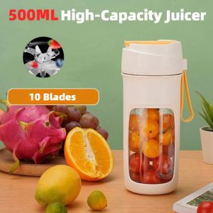 Juicers New 500ML Electric Juicer Portable Blender Fruit Mixers USB Rechargeable Smoothie Juicer Cup Mini Blender 10 Cutter Durable