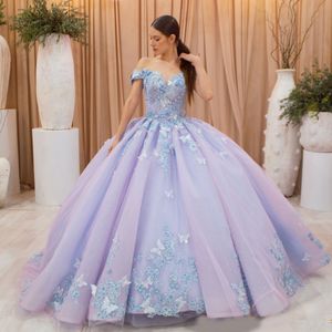 Messico Lilla Sweetheart Ball Gown Abito stile Quinceanera per ragazze Applique in pizzo con fiocco in rilievo Tull Abiti da festa di compleanno Prom Sweet 16