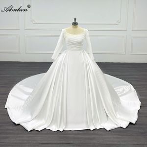 Alonlivn Lustrous Satin Princess Ball Gown Wedding Dresses Pearl Beaded Pearls Square Collar Full Sleeves White Ivory Bridal Gowns