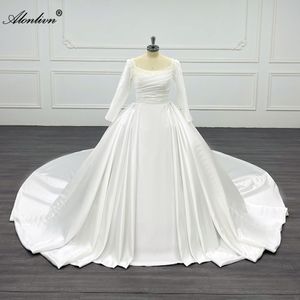 Alonlivn lustroso cetim princesa vestido de baile vestidos de casamento pérola frisado pérolas gola quadrada mangas completas branco marfim vestidos de noiva