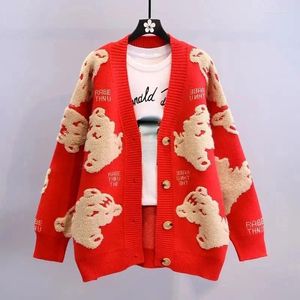 Women's Knits Winter Knitted Letter Cardigan Sweater Coat 2024 Thickened Cute Cartoon Embroidery V-Neck Jacket