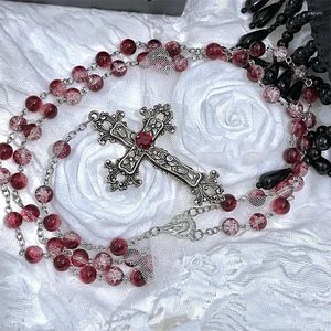 Anhänger Halsketten Vintage Mode Gothic Stil Lolita Kristall Kreuz Bohrer Kette Rosenkranz Dunkelrot Schwarz Halskette