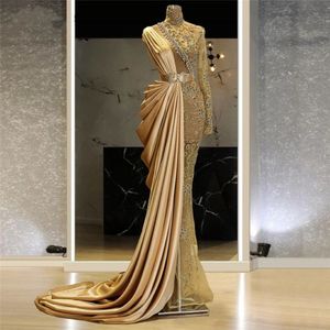 Luxury Dubai Crystals See Through Evening Dresses 2021 High Neck Long Sleeves Plus Size Formal Prom Party Gowns For Arabic Women309D