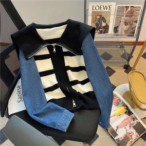 Camicette da donna Autunno Denim Manica lunga Patchwork Grandi risvolti Strisce Camicie lavorate a maglia Cerniera Cardigan lavorato a maglia Maglione Top tutto-abbinamento