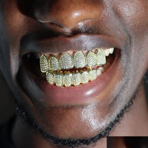 Grillz Стоматологические грили Модные циркониевые зубы со льдом, шляпа с верхом и дном, набор для мужчин, Bling Pay Cz, хип-хоп, ювелирные изделия, ролевая вечеринка 2 Dhvu9