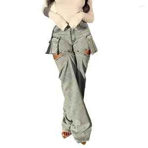 Damenhosen Modedesigner Abnehmbar Als Shorts Denim Cargo Damen Knopf Hohe Taille 3D Taschen Jeans Lässige Gerade Hose