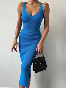 Casual Dresses Blue Sticke Long Beach Dress for Women 2024 Spring Elegant V-Neck BodyCon Party With Side Slit Women's Ribbed Knit Dres