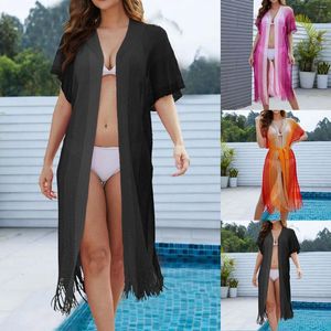 Women's Swimwear Summer Sexy Beach Cover Up Costume Solid Color Tassels Decor Casual Loose Long Hollow Knit Bikini Shawl For Women