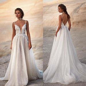 Fancy Wedding Dresses Lace Appliques Bridal Gowns Spaghetti Straps Backless A Line Bride Dresses Custom Made Plus Size