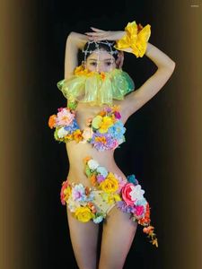 Scene Wear Sexy Club Party Show Rave Outfits Yellow Flowers Bikini Rhinestones Headgear Performance Festival Gogo Dance Costume